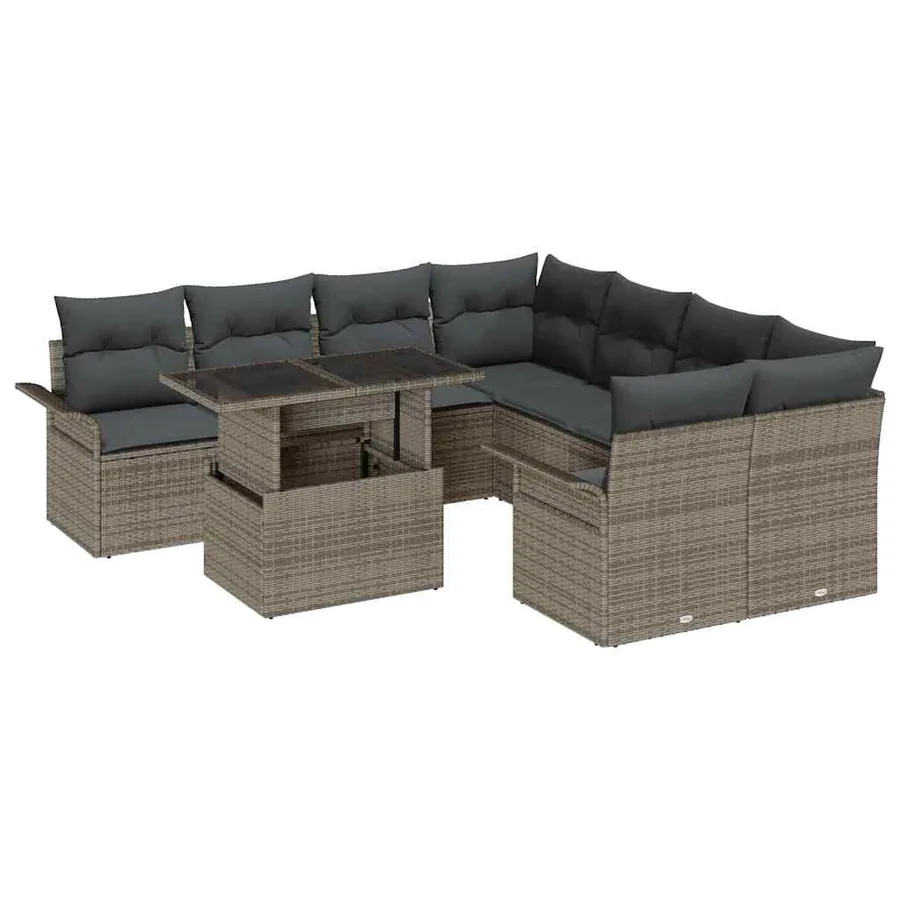 Ensemble de canapé de jardin avec coussin 9 pcs Gris polyrotin - 2