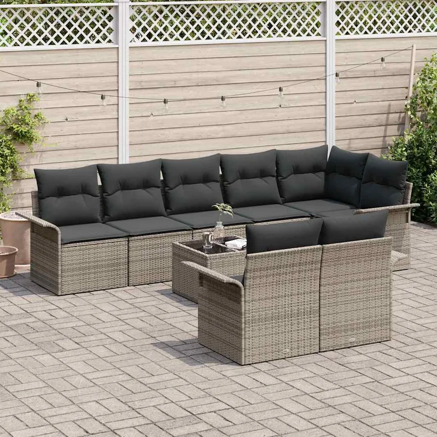 Ensemble de canapé de jardin avec coussin 9 pcs Gris Poly rotin - 3