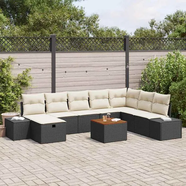 Ensemble de canapé de jardin avec coussin 9 pcs Noir polyrotin