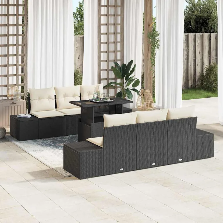 Ensemble de Canapés avec coussin 7 pcs Noir et Crème polyrotin