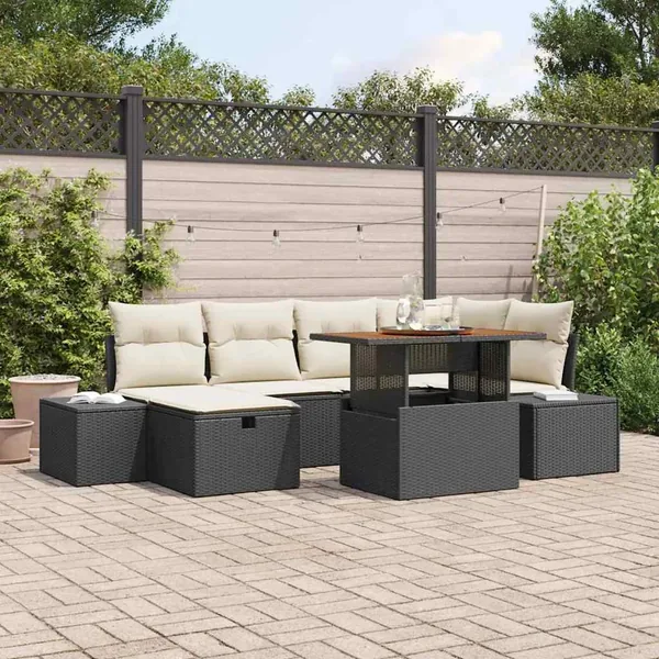 Ensemble de canapé de jardin avec coussin 7 pcs Noir polyrotin