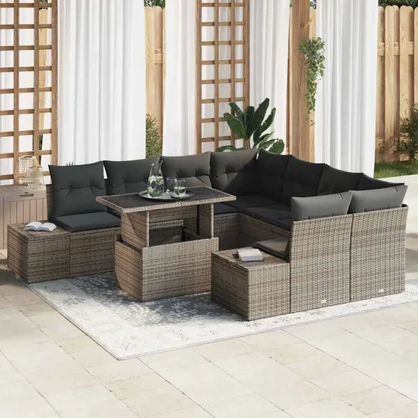 Ensemble de canapé de jardin avec coussin 9 pcs Gris polyrotin