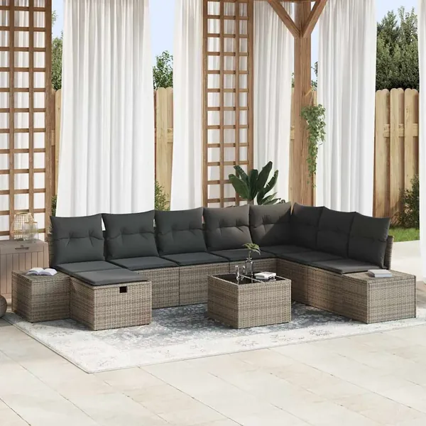 Ensemble de canapé de jardin avec coussin 9 pcs Gris polyrotin