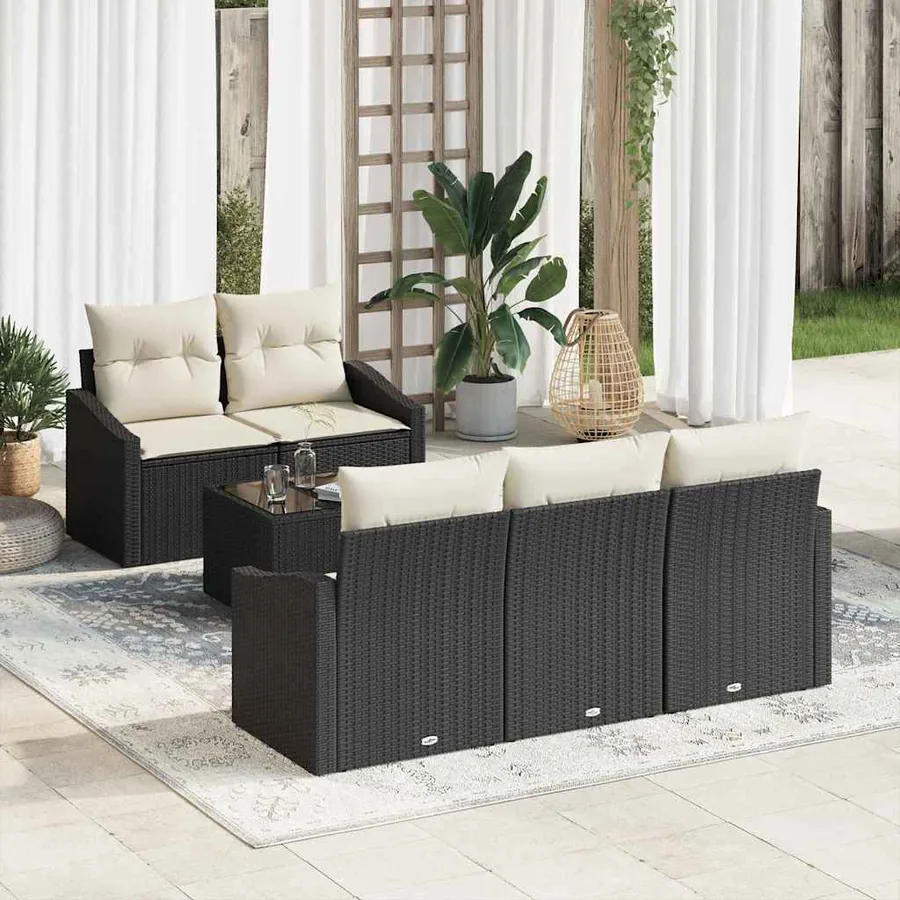 Ensemble de Canapés avec coussin 6 pcs Noir et Crème polyrotin
