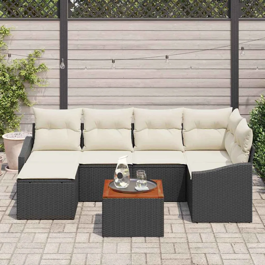 Ensemble de canapé de jardin 7 pcs Noir et Crème polyrotin - 3