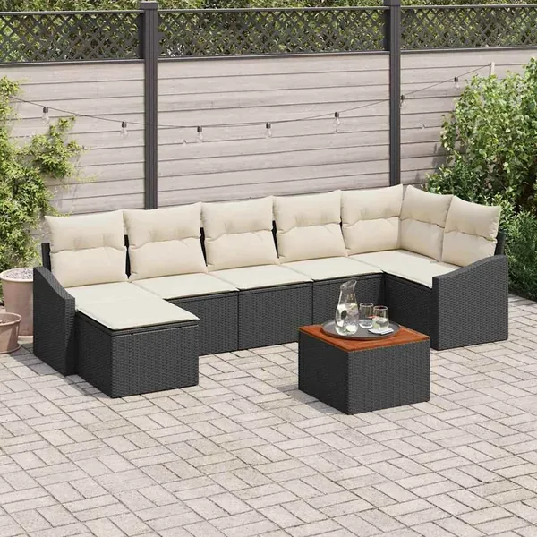 Ensemble de canapé de jardin 8 pcs Noir et Crème polyrotin