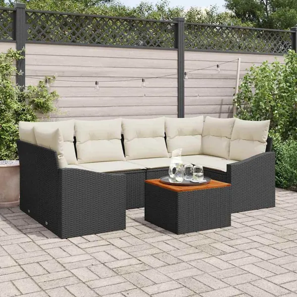 Ensemble de canapé de jardin 7 pcs Noir et Crème polyrotin