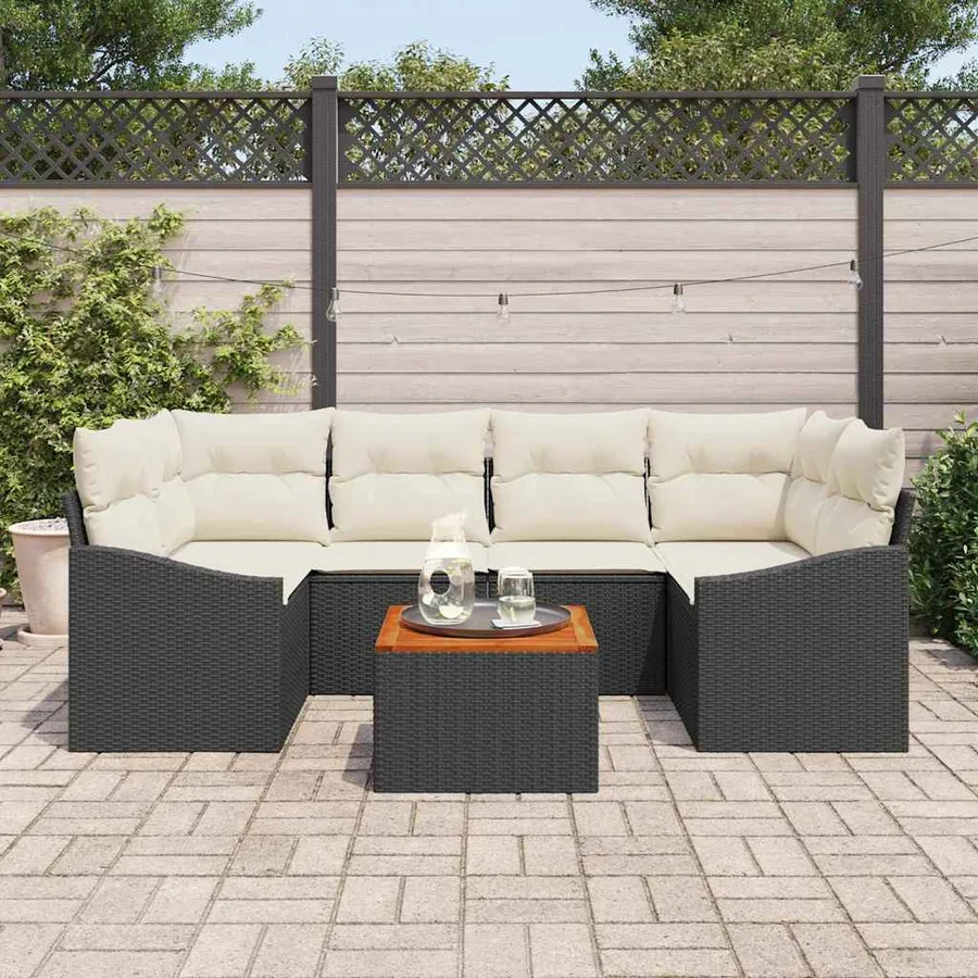 Ensemble de canapé de jardin 7 pcs Noir et Crème polyrotin - 3