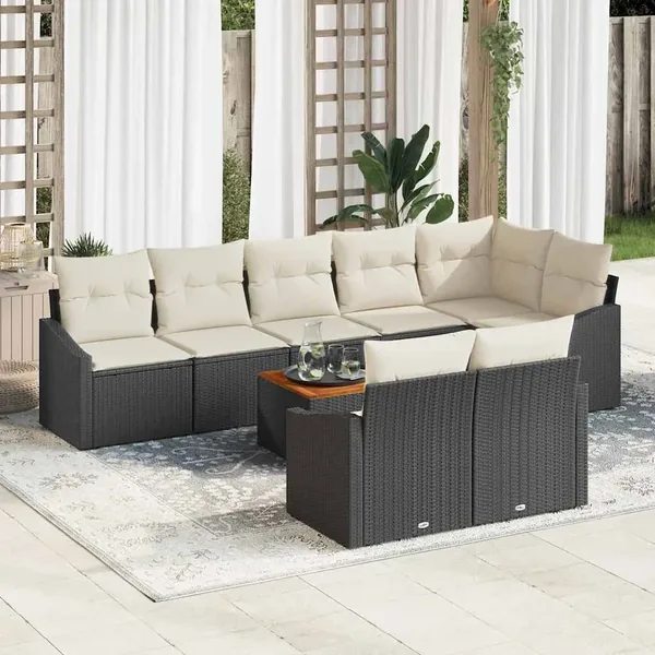 Ensemble de canapé de jardin 9 pcs Noir et Crème polyrotin