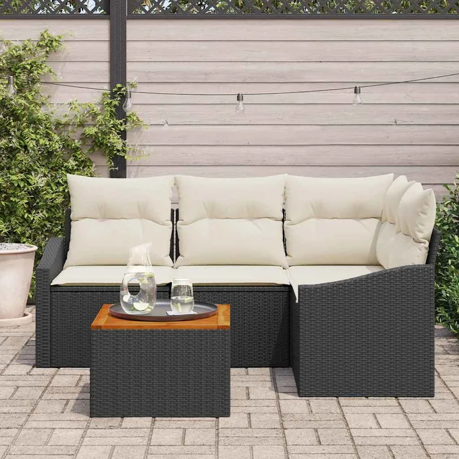 Ensemble de canapé de jardin 5 pcs Noir et Crème polyrotin - 3
