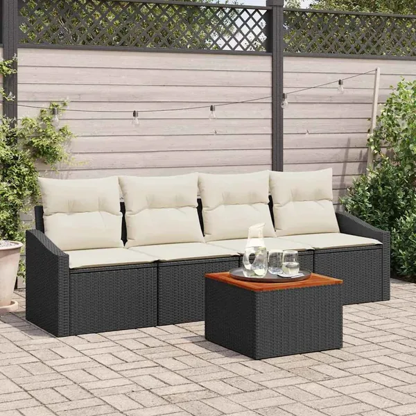 Ensemble de canapé de jardin 5 pcs Noir et Crème polyrotin