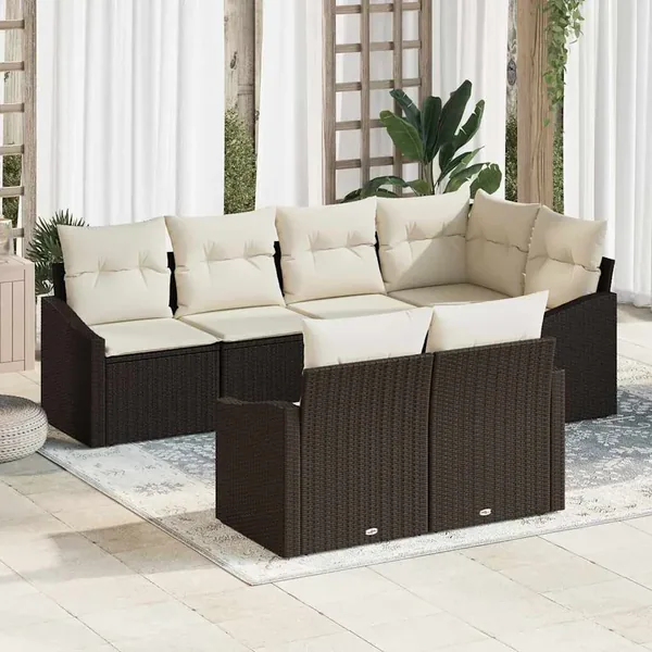 Ensemble de canapé de jardin 7 pcs Marron et blanc polyrotin