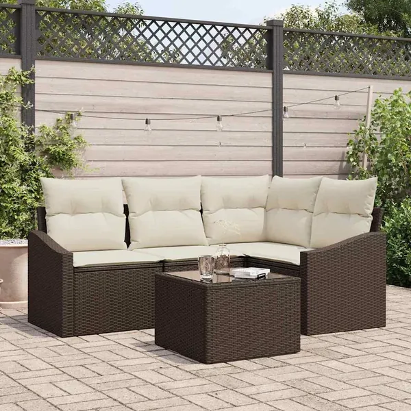Ensemble de canapé de jardin 5 pcs Marron et Crème polyrotin