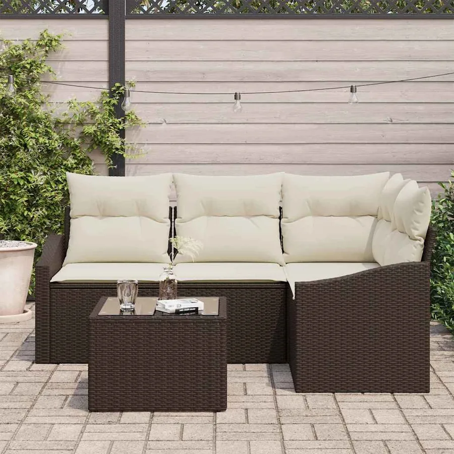 Ensemble de canapé de jardin 5 pcs Marron et Crème polyrotin - 3