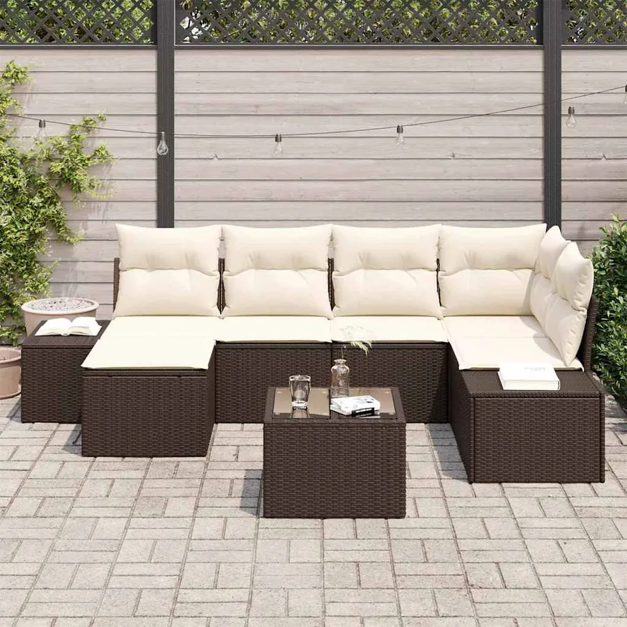 Ensemble de canapé de jardin 7 pcs Marron et Crème polyrotin - 3