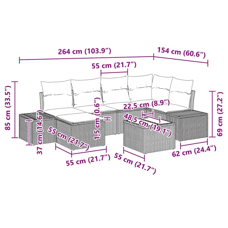 Ensemble de canapé de jardin 7 pcs Marron et Crème polyrotin - 8