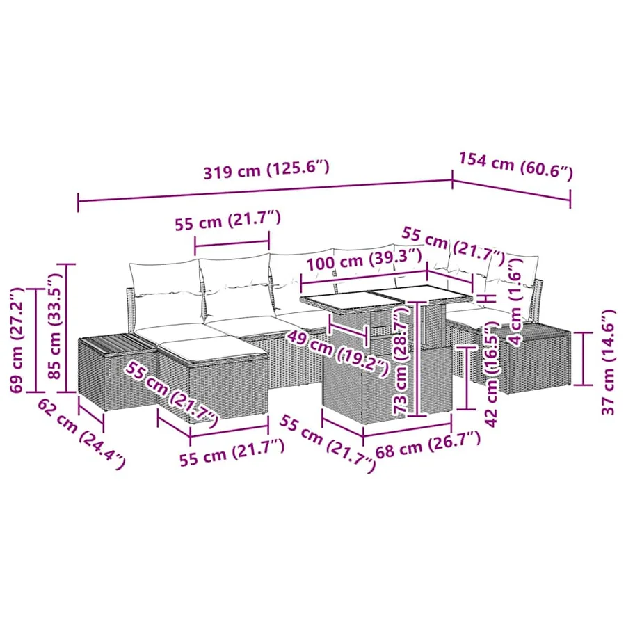 Ensemble de canapé de jardin avec coussin 8 pcs Marron et crème - 12