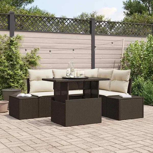 Ensemble de canapé de jardin 5 pcs Marron et Crème polyrotin