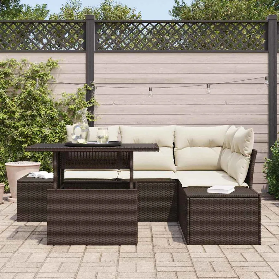 Ensemble de canapé de jardin 5 pcs Marron et Crème polyrotin - 3
