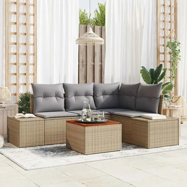 Ensemble de canapé de jardin avec coussin 5 pcs Beige polyrotin