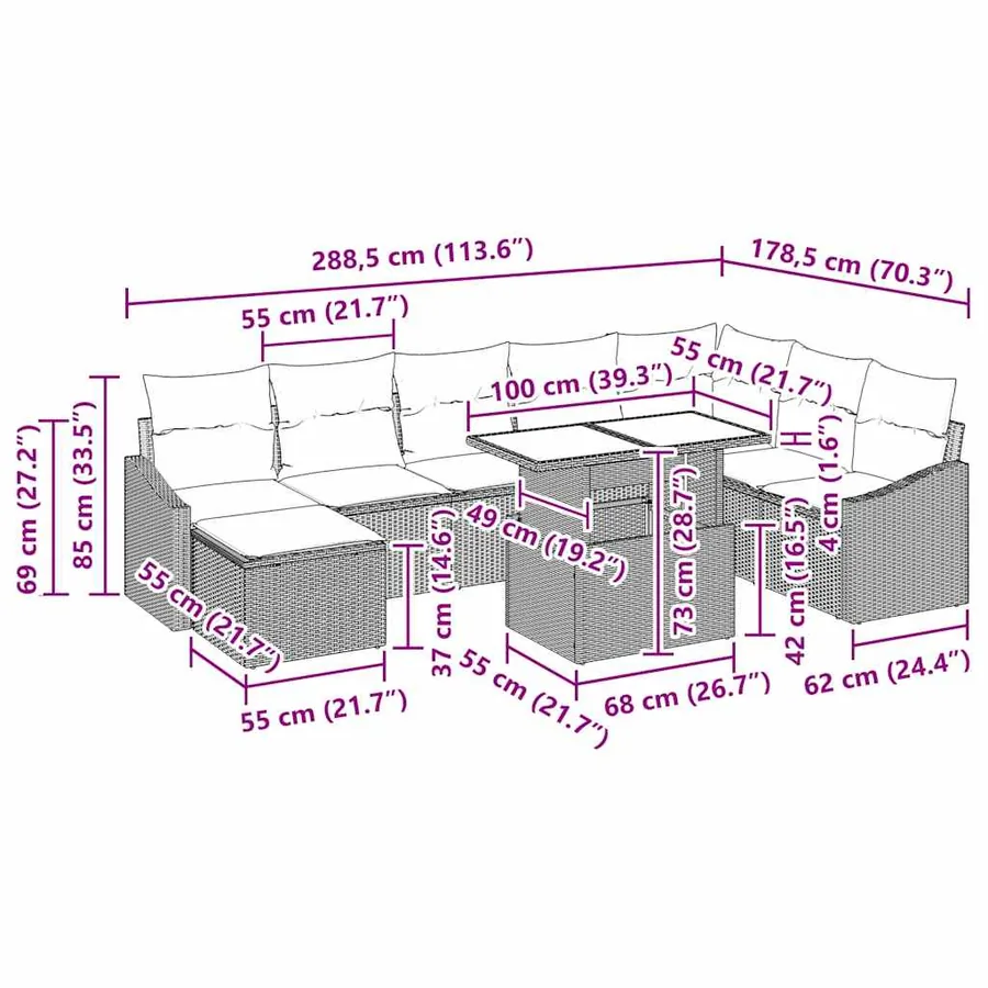 Ensemble de Canapés avec coussin 9 pcs Noir polyrotin - 12