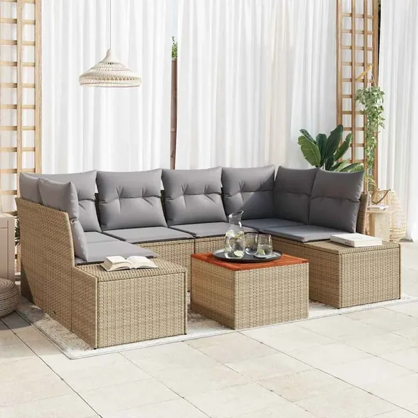 Ensemble de canapé de jardin avec coussin 7 pcs Beige polyrotin