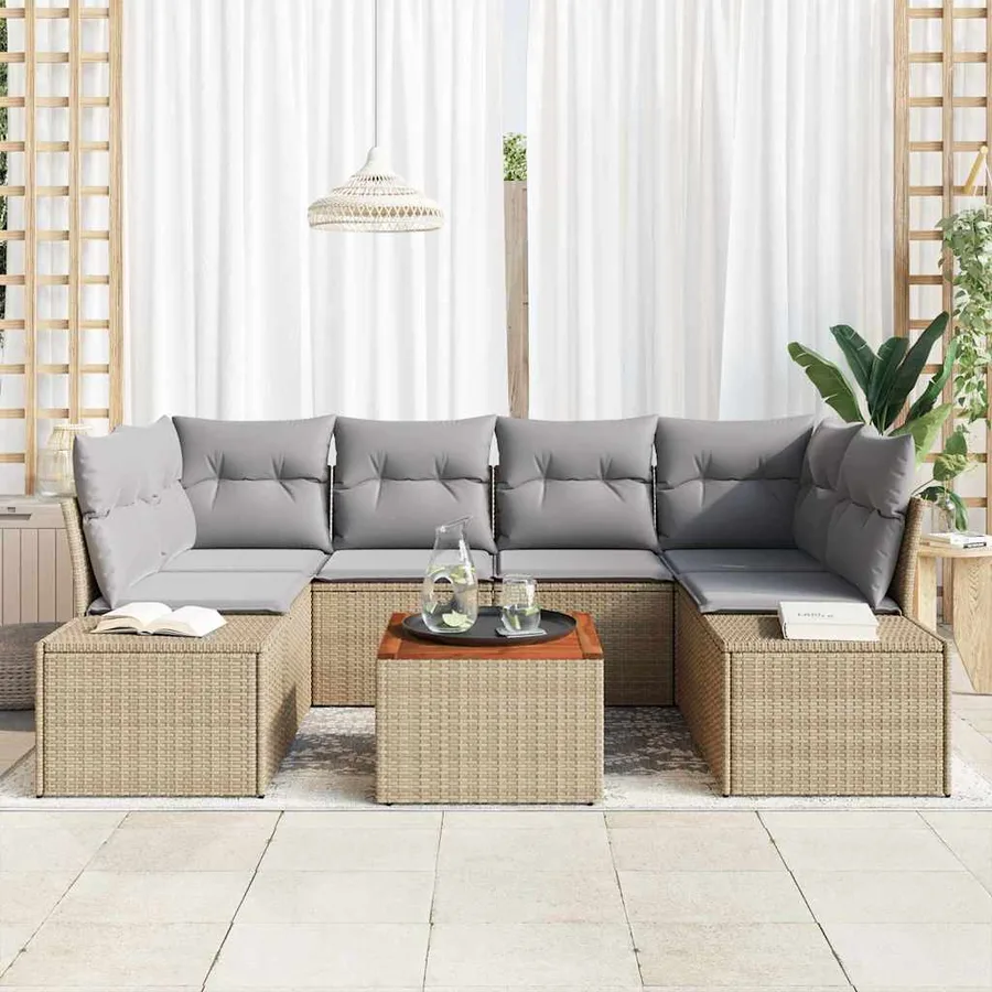 Ensemble de canapé de jardin avec coussin 7 pcs Beige polyrotin - 3