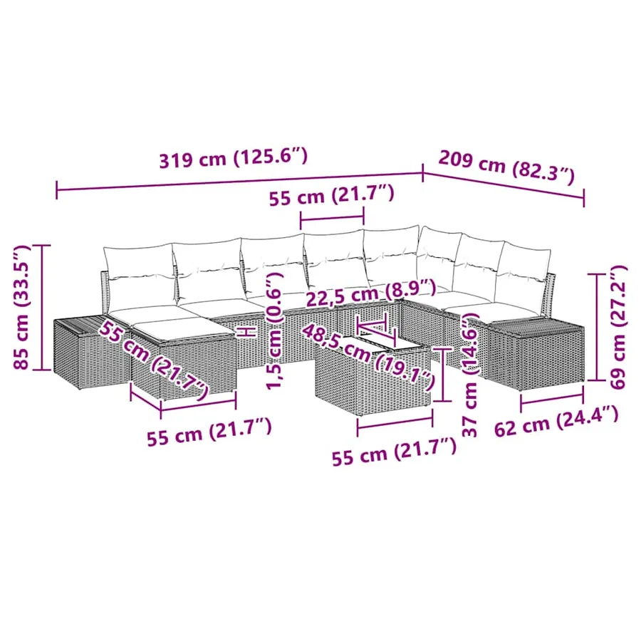 Ensemble de canapé de jardin 9 pcs Gris clair polyrotin - 8
