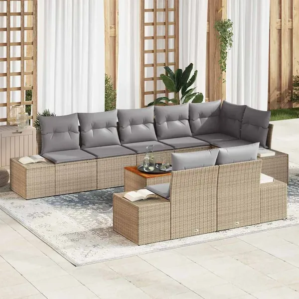 Ensemble de canapé de jardin avec coussin 9 pcs Beige polyrotin