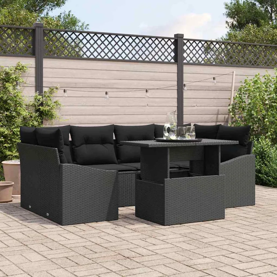 Ensemble de canapé de jardin avec coussin 7 pcs Noir polyrotin