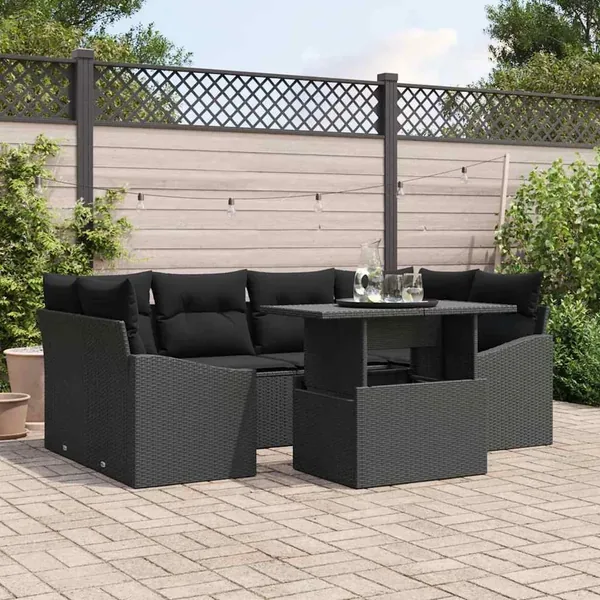 Ensemble de canapé de jardin avec coussin 7 pcs Noir polyrotin