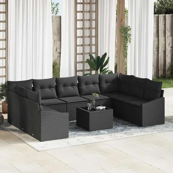 Ensemble de Canapés avec coussin 10 pcs Noir polyrotin