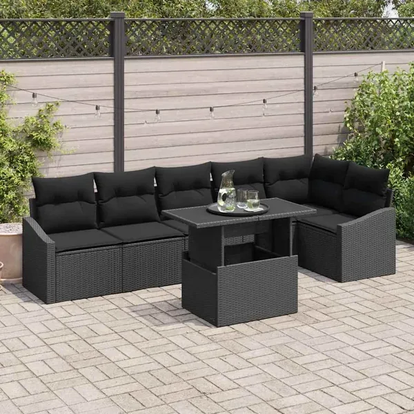 Ensemble de canapé de jardin avec coussin 7 pcs Noir polyrotin