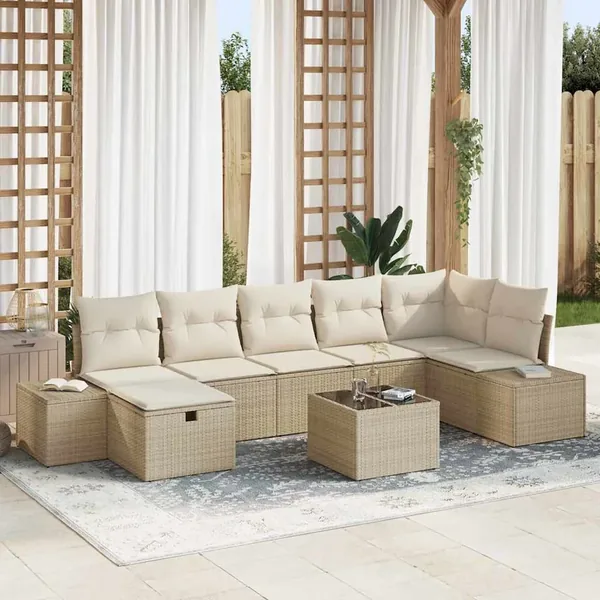 Ensemble de canapé de jardin avec coussin 8 pcs Beige polyrotin