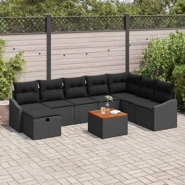 Ensemble de canapé de jardin avec coussin 9 pcs Noir polyrotin