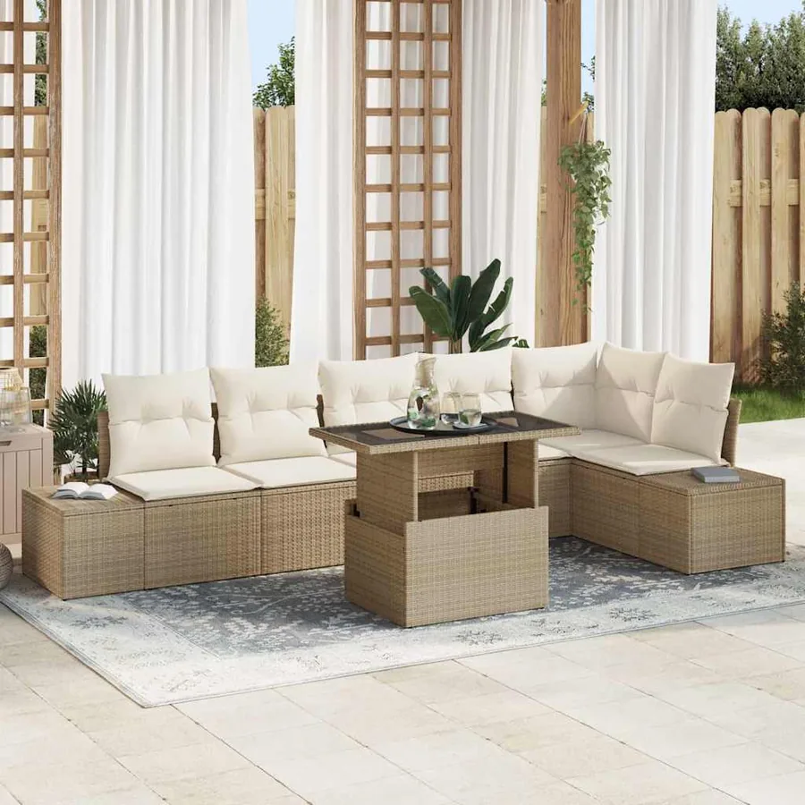 Ensemble de canapé de jardin 7 pcs Beige et crème polyrotin