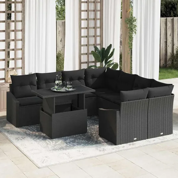 Ensemble de canapé de jardin avec coussin 9 pcs Noir polyrotin