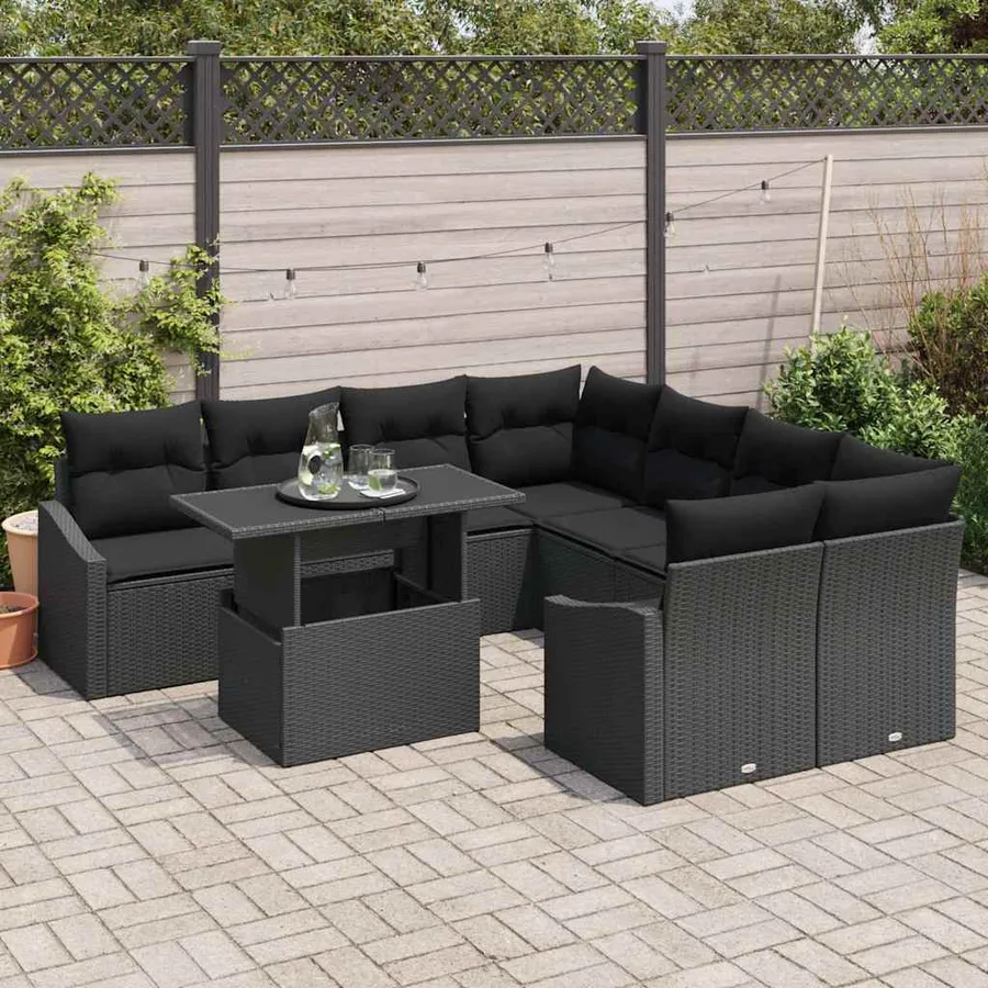 Ensemble de canapé de jardin avec coussin 9 pcs Noir polyrotin - 3