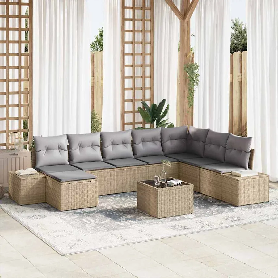 Ensemble de canapé de jardin avec coussin 9 pcs Beige polyrotin