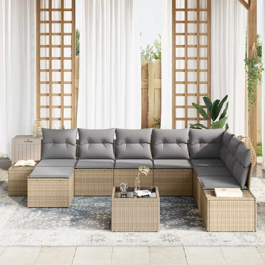 Ensemble de canapé de jardin avec coussin 9 pcs Beige polyrotin - 3