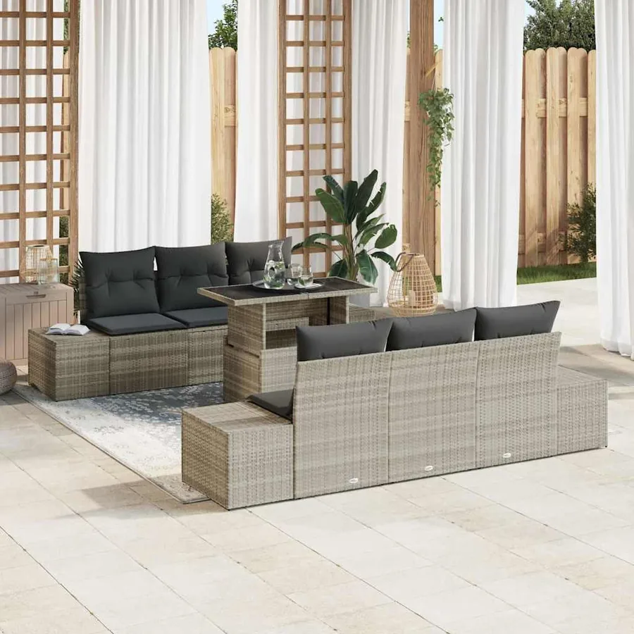 Ensemble de Canapés avec coussin 7 pcs Gris clair polyrotin