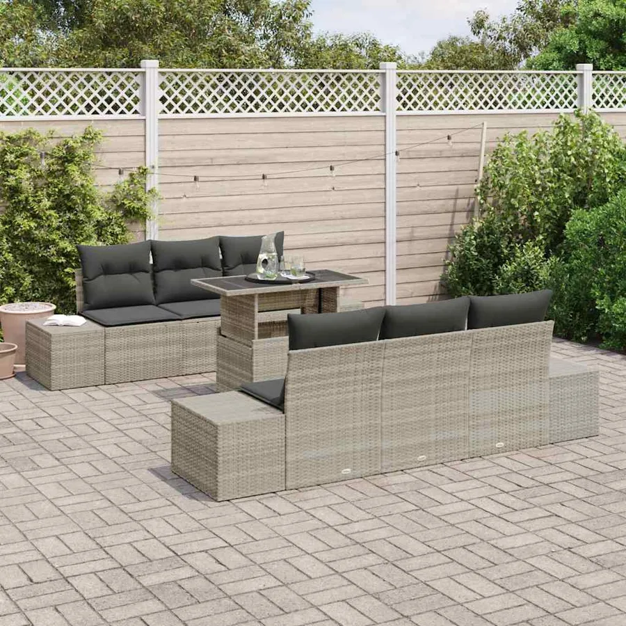 Ensemble de Canapés avec coussin 7 pcs Gris clair polyrotin - 3