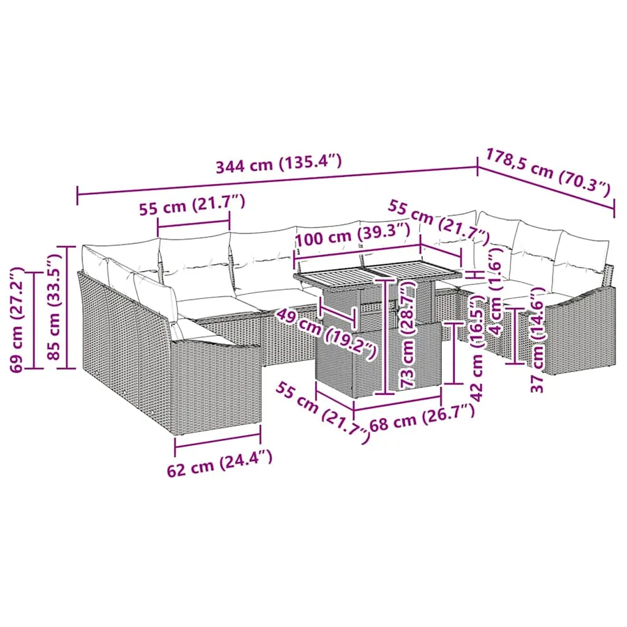 Ensemble de canapé de jardin 11 pc Noir et Marron - 11