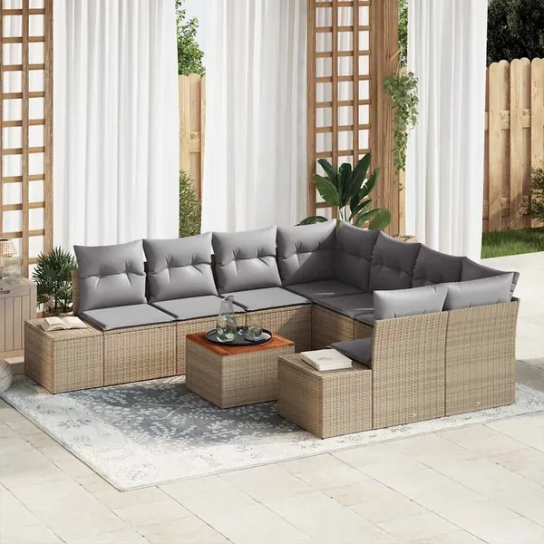 Ensemble de canapé de jardin avec coussin 9 pcs Beige polyrotin
