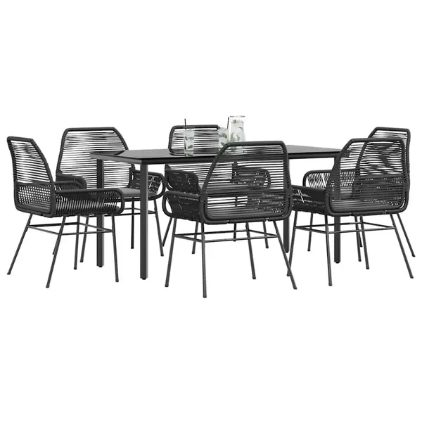 Ensemble à manger de jardin coussins 7pcs noir poly rotin verre