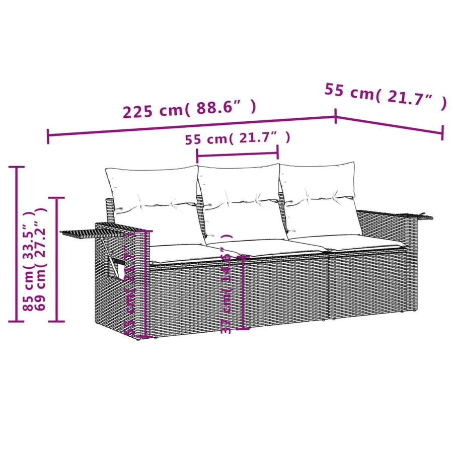 Ensemble de canapé de jardin 3 pcs avec coussins marron résine tressée - 7
