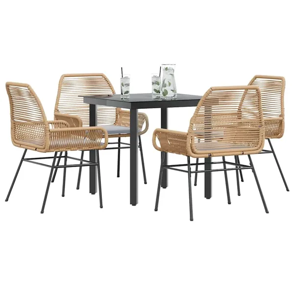 Ensemble à manger jardin coussins 5pcs marron poly rotin verre