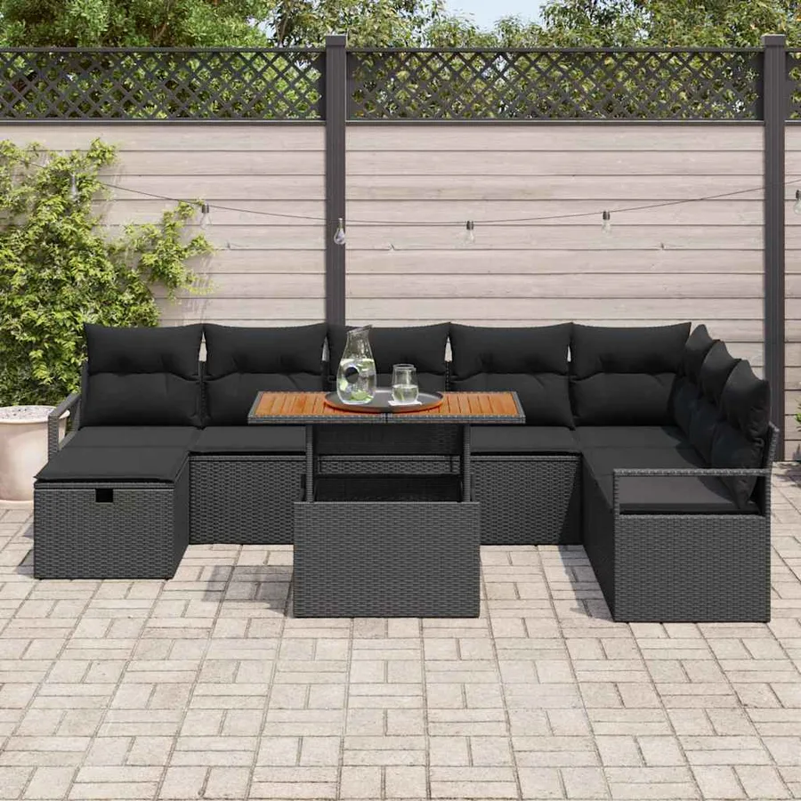 Ensemble de canapé de jardin avec coussin 9 pcs Noir polyrotin - 3