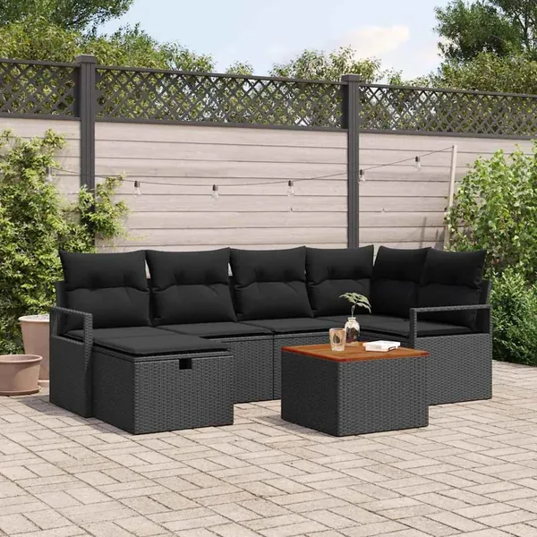 Ensemble de canapé de jardin avec coussin 7 pcs Noir polyrotin