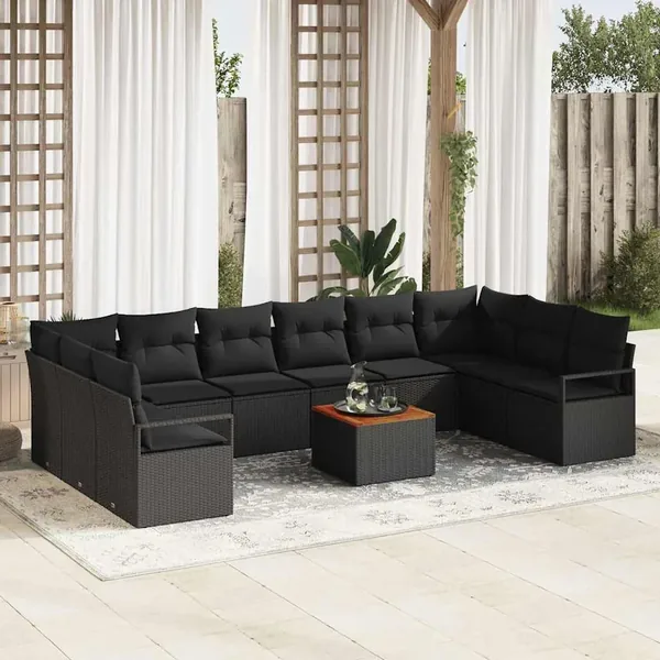 Ensemble de canapé de jardin avec coussin 11 pcs Noir polyrotin